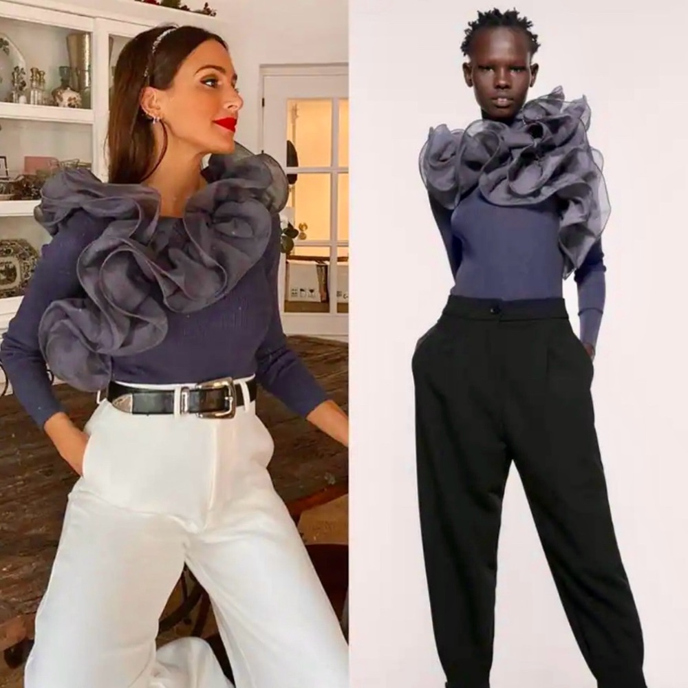Zara Navy Blue Ruffled Shoulder Sweater